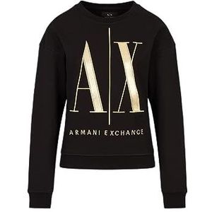 Armani Exchange Icon, Maxi Logo Goud, geborduurd, strakke mouwen, trainingspak voor dames, zwart.