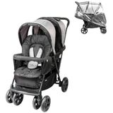 Bambisol Dubbele kinderwagen, volledig uitgerust, regenbekleding inbegrepen, eenvoudig op te vouwen, grijs/zwart