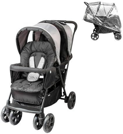 Bambisol Dubbele kinderwagen, volledig uitgerust, regenbekleding inbegrepen, eenvoudig op te vouwen, grijs/zwart