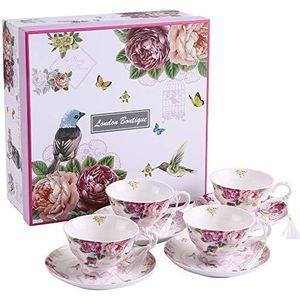 London Boutique Set van 4 Engelse porseleinen theekopjes en schoteltjes in shabby chic vintage Engelse porselein vogel vlinder flora geschenkdoos (vlinder roze vogel)