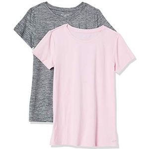 Amazon Essentials Dames Tech Stretch T-shirts met korte mouwen en ronde hals (verkrijgbaar in grote maten), ruimtekleuring grijs/lichtroze, maat L