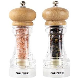 Salter 7607 WDXR zout- en pepermolen, modern design met deksel van beukenhout, 2 stuks met verstelbare slijpschijven, 16,5 cm, gemakkelijk te reinigen