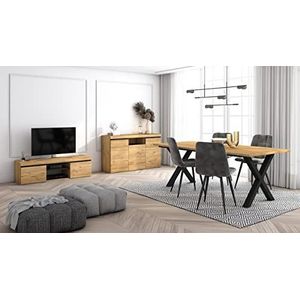 Skraut Home - Woonkamermeubelset | tafel 200 poten x 10 gasten | tv-kast 140 | spatwand / dressoir 140 | eiken en zwart | industriële stijl