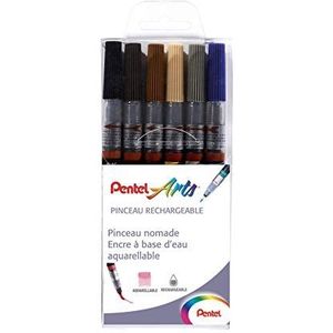 Pentel 6 navulbare penselen, zwart/grijs/sepia/bruin/oranje/staalblauw