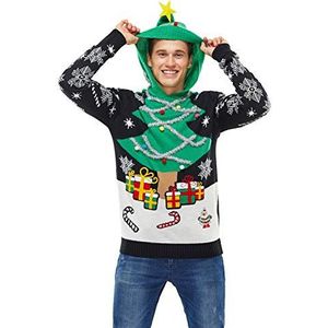 Lelijke kersttrui voor heren met kap, grappige gebreide trui voor Kerstmis met elf, rendier en kerstboom, uniseks kersttrui voor feestjes