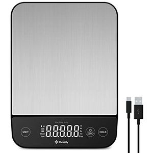 ETEKCITY Digitale keukenweegschaal met grote plaat van voedselveilig roestvrij staal, USB-oplaadbaar, waterdicht tot 10 kg, met led-display, hoge precisie tot 1 g, tarra-functie, zilverkleurig