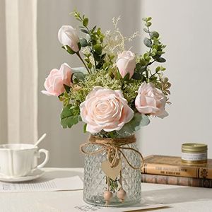 YJ Kunstbloemen met vaas, kunstrozen boeket van zijde in vaas, bloemstukken, boerderijtafeldecoratie, tafeldecoratie voor woonkamer, salontafel decoratie