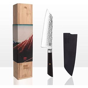 KOTAI | Koksmes Santoku Bunka met Saya en Bamboe Doos | Lemmet 17 cm | Keukenmes | Met de hand gehamerd en geslepen | Ultrascherp Japans 440C roestvrij staal