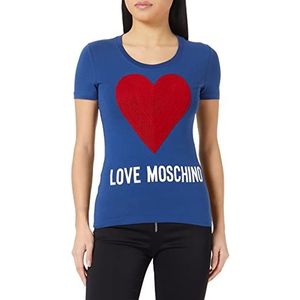 Love Moschino Dames T-shirt met korte mouwen Maxi Heart met geborduurde vlokken pailletten en institutioneel logo waterdruk, blauw, 40, Blauw