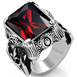 JewelryWe Biker-sieraden, dames, roestvrij staal, drakenring met zirkonia, kleur: zilver/zwart, rood, maat 52 tot 67, roestvrij staal, zirkonia