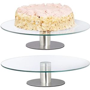 Relaxdays draaibaar taartplateau - set van 2 - met voet - Ø 30 cm - taartschaal glas rvs