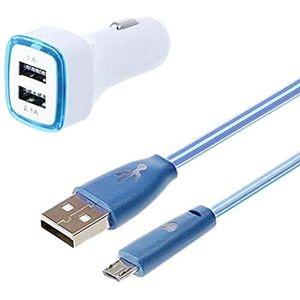 Autolader voor Xiaomi Redmi Note 6 Pro, micro-USB-kabel (smiley-kabel + dubbele LED-adapter) (blauw)
