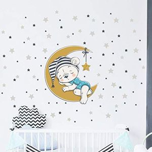 Muurstickers voor kinderen - decoratie babykamer - muursticker voor kinderen - muursticker beer op maan + 100 sterren, muurstickers jongens - H30 x L30 cm