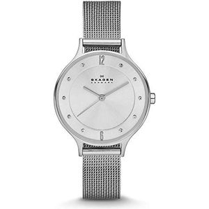 Skagen Anita Lille dameshorloge, quartz uurwerk met roestvrijstalen of leren band, Zilver en wit, Minimalist