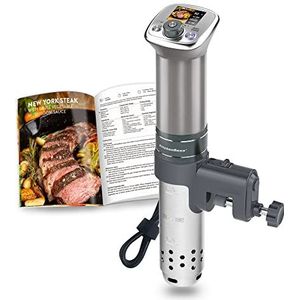 Sous-Vide Garer ultra-stille dompelcirculator: Gekleurde LCD-recepten | G320 Pro Silver Machine, borstelloze gelijkstroommotor | 1100 Watt | Wordt geleverd met receptenboek | IPX7 KitchenBoss