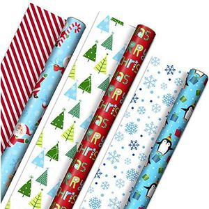 Hallmark Joli papier cadeau de Noël réversible pour enfants (3 rouleaux : 10,1 m²) pingouins, Père Noël, arbres, rayures, flocons de neige, joyeux Noël