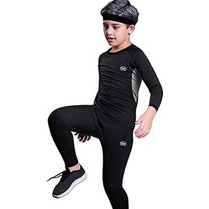 MeetHoo Set thermisch ondergoed voor kinderen, thermische sport-shirts, lange mouwen, thermische broek, ski-kinderen, voering van loopwol, zwart.