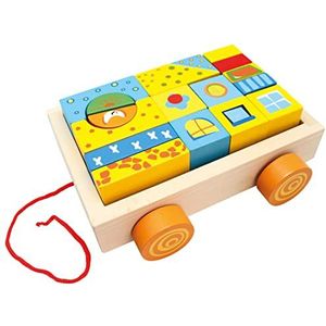 Bino Werpwagen voor kinderen vanaf 1 jaar, motoriek speelgoed voor kinderen (19 delen, kleurrijke blokken in verschillende vormen, maten en kleuren voor de bouw, houten speelgoed), meerkleurig