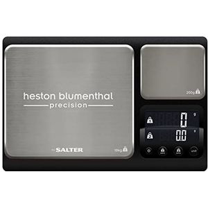 Heston Blumenthal By Salter 1049A HBBKDR precisiekeukenweegschaal met dubbel platform, voedselweegschaal met capaciteit 10 kg en klein platform, voor stappen van 0,1 g, vloeibare metingen, zwart