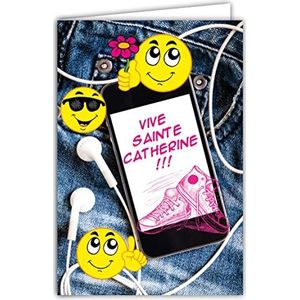 Afie 67-1076-A Pink Vive Sainte Catherine 25 November voor jongeren en meisjes, smileys, geel, emotioneel, telefoon, muziek, sneakers, jeans - met witte envelop