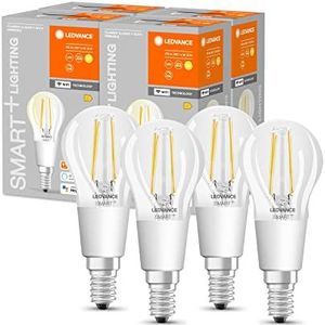 LEDVANCE Intelligente ledlampen met wifilament, E14-fitting, dimbaar, warm wit (2700 K), druppelvorm, helder filament, 75 W vervanging, bestuurbaar met Alexa, Google en App, 4 stuks