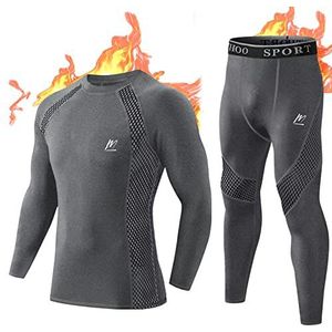 MeetHoo Thermo-ondergoedset voor heren, Quick Dry functioneel, basislaag shirt met lange mouwen en broek voor ski-running sport, grijs.
