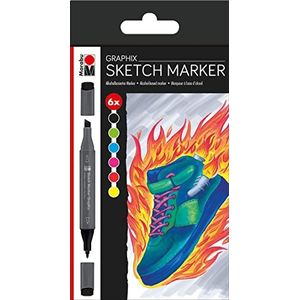 Sketch Graphix Marker, Japanse dubbele punt, 1-7 mm, fijne wigpunt, 1 mm, hoge kleuren, sneldrogend, geur- en waterbestendig, 6 stuks