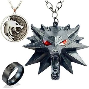 Witcher Set van 3 heksenmedaillon kettingen voor heren, heksensleutelhanger, heksenring, heksenketting, Witcher 3-serie cadeau voor mannen, jongens, vrouwen, roestvrij staal, Roestvrij staal