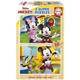 Educa - 2 x 16 Mickey & Minnie, 2 duurzame milieuvriendelijke houten puzzels met elk 16 stukjes, dubbel startplezier, afmetingen: ca. 26 x 18 cm, vanaf 3 jaar (19287)