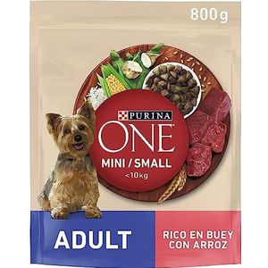 PURINA ONE Mini-voer voor volwassen honden, rundvlees en rijst, 8 x 800 g