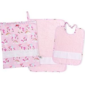 FILET - 3-delige set Aida stof om te borduren, bestaande uit tas, handdoek en slabbetje van gekleurde badstof, 100% katoen, gemaakt in Italië, motief: Eenhoorns op roze achtergrond