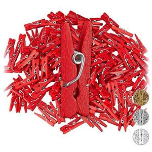 Relaxdays Mini-wasknijpers van hout, 144 stuks, voor bruiloften, feesten, om op te hangen, knutselen, doe-het-zelf, rood