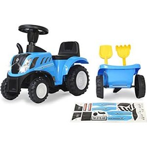 JAMARA 460355 Traboggan New Holland T7 Tractor - vanaf 12 maanden, zithoogte 270 mm, kantelbeveiliging, getrouwe look, hanger met schep en hark, LED-licht, blauw