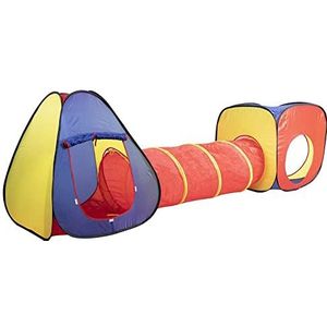 Bakaji Pop-Up 3 stuks speelgordijn met tunnel en 2 gordijnen, speelgoed voor kinderen, metalen frame, opvouwbaar, stoffen bekleding, voor thuis, outdoor, tuin, meerkleurig