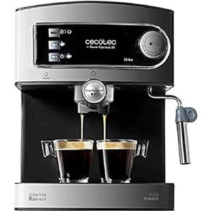 Cecotec Espressomachine Power Espresso 20. 20 bar druk, tank 1,5 l, arm met dubbele uitgang, stoommondstuk, lade, kopjeswarmer, verwerking van roestvrij staal, 850 W.