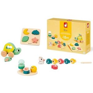 JANOD J04064 Boîte de jeux pour bébé 18 mois Jouet stimulant avec puzzle en bois Motricité Bébé Jouets d'activité et de développement psychomoteur à partir de 18 mois