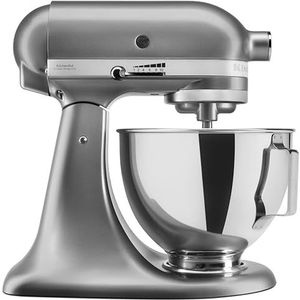 KitchenAid 5KSM95PSECU Keukenmachine, 4,3 l, spatbescherming, 300 W, platte mixer, haak en garde, zilverkleurig