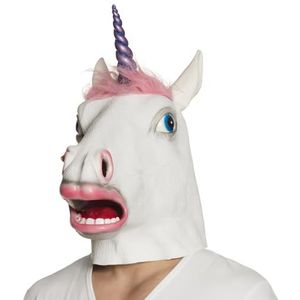 Boland - Eenhoorn latex masker met vacht voor volwassenen, roze, wit, 00163