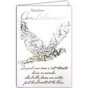 AFIE Oprechte Condoleancekaart met witte envelop – dood en rouw – begrafenisceremonie – zilveren tekst die duif schijnt vrede ziel – gemaakt in Frankrijk 64-1074