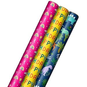 Hallmark Kids Birthday Lot de 3 rouleaux de papier pour enfants 75 sq. ft ttl) Rose/arc-en-ciel bleu/dinosaures jaunes/Happy Birthday