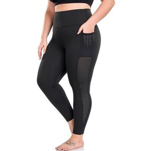 Yogalegging van zwarte mesh voor dames met zakken met hoge taille en beencontrole, Zwart-2