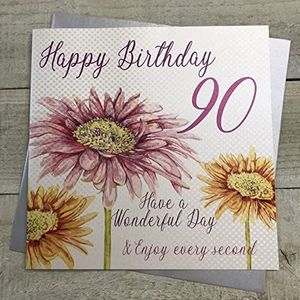 white cotton cards 1 x verjaardagskaart ""Happy 90th Birthday"", extra groot, roze bloem