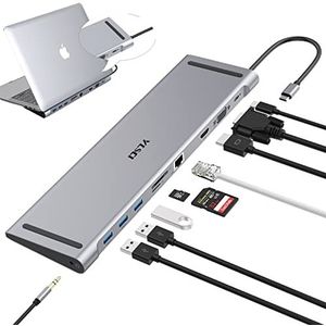 YLSCI 10-in-1 laptop dockingstation USB C docking station met HDMI 4K VGA USB 3.0 USB-C Gigabit Ethernet RJ45 SD/TF-kaarten, audio voor HP/MacBook/Dell/Lenovo/Surface