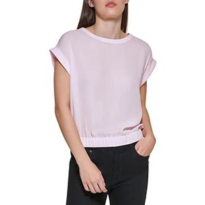 DKNY Damesblouse met elastische zoom en korte mouwen, Verse Roze