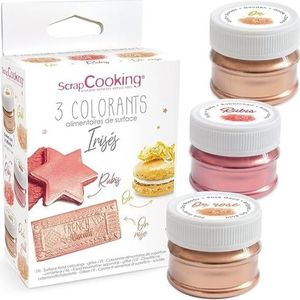 SCRAP COOKING - 3 iriserende oppervlaktekleurstoffen - Voedselkleurstof poeder goud, roségoud en robijn - voor gebak, koekjes, macarons, chocolade en suikerpasta - 4019