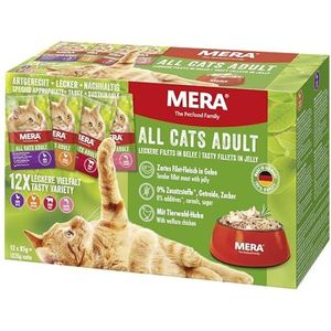 MERA Cats Adult Multibox Natvoer voor volwassen katten, graanvrij en duurzaam, kattenvoer met hoog vleesgehalte met kip, rundvlees, eend en zalm, 12 x 85 g