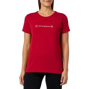 Emporio Armani T-shirt à col rond pour femme en coton Tartan de Noël, Rouge rubis, M