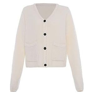 faina Cardigan à la mode pour femme avec col en V Blanc laine Taille M/L Veste tricotée, Medium, Blanc cassé, M