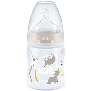 NUK First Choice+ Babyfles, 0-6 maanden, temperatuurcontrole-weergave, 150 ml, anti-colic-ventiel, BPA-vrij, siliconen drinkzuiger met grijze luiaard