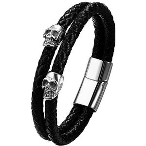 JewelryWe Leren armband voor heren, doodskop van roestvrij staal, zilver, gothic, retro, doodshoofd, dubbellaags, gevlochten, leren armband met gravure, zwart, leer, Leer